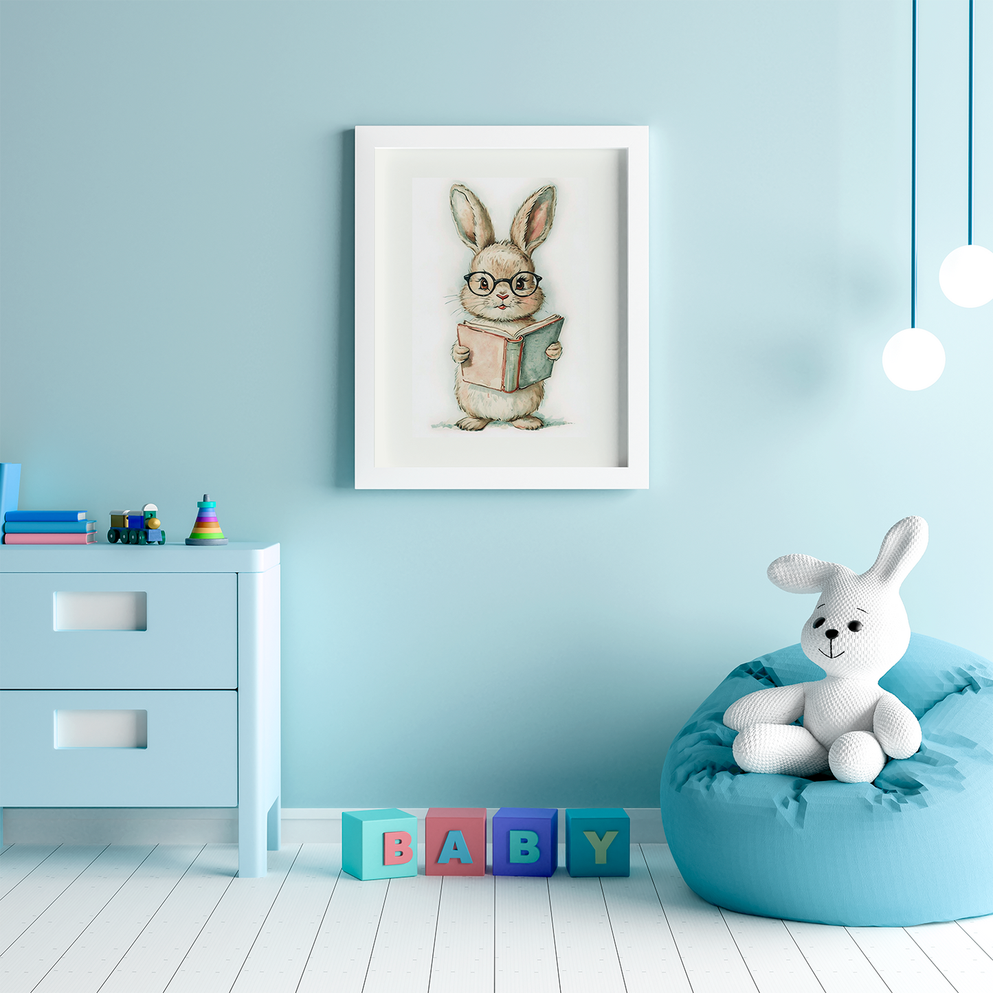 Adorable Bunny Reading – Framed Nursery Wall Art