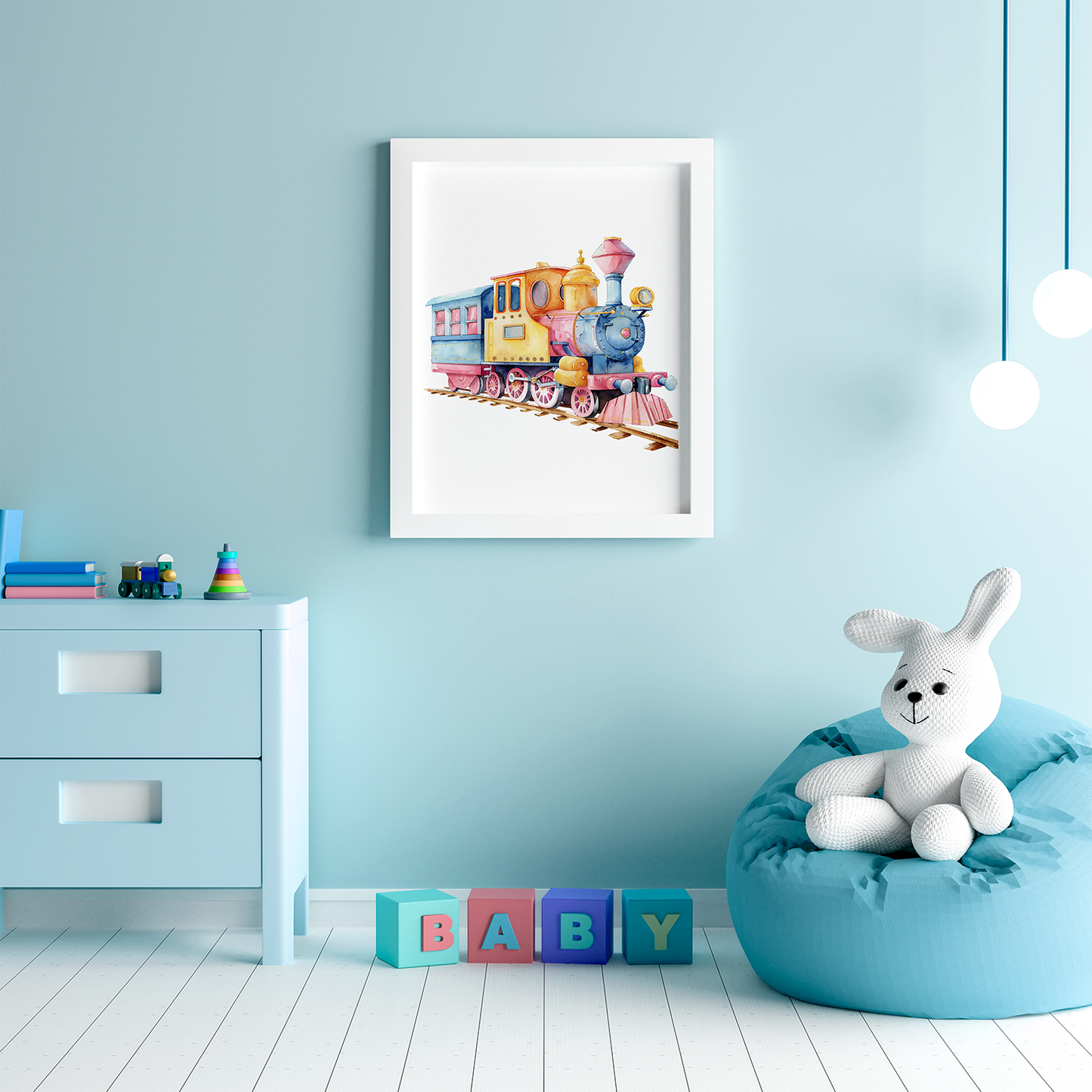 Colourful Watercolor Train – Framed Nursery Wall Art