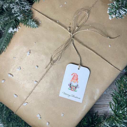 3 FOR £10 - Gnome holding Present Gift Tags, 10 pack