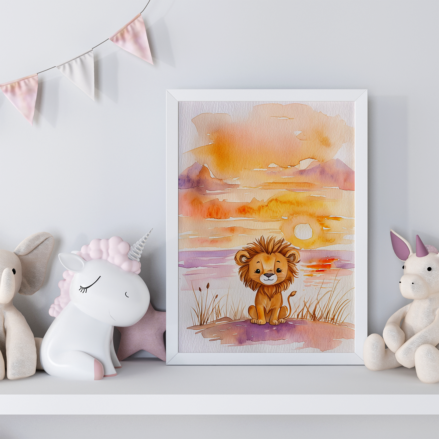 Adorable Baby Lion in Sunset – Framed Nursery Wall Art