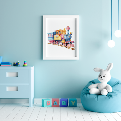 Colourful Watercolor Train – Framed Nursery Wall Art